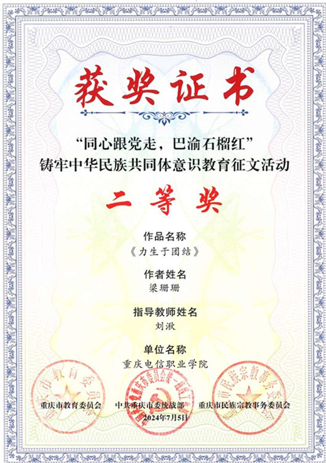 “同心跟党走，巴渝石榴红”铸牢中华民族共同体意识教育征文活动征文《力生于团结》荣获二等奖.jpg
